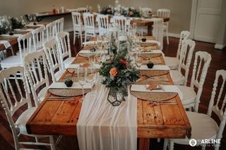 2 piece floral runners on rustic tables